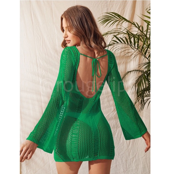 Rouge! Other - Crochet Hollow Out Long Bell Sleeve Backless Mini Beach Coverup Short Green
